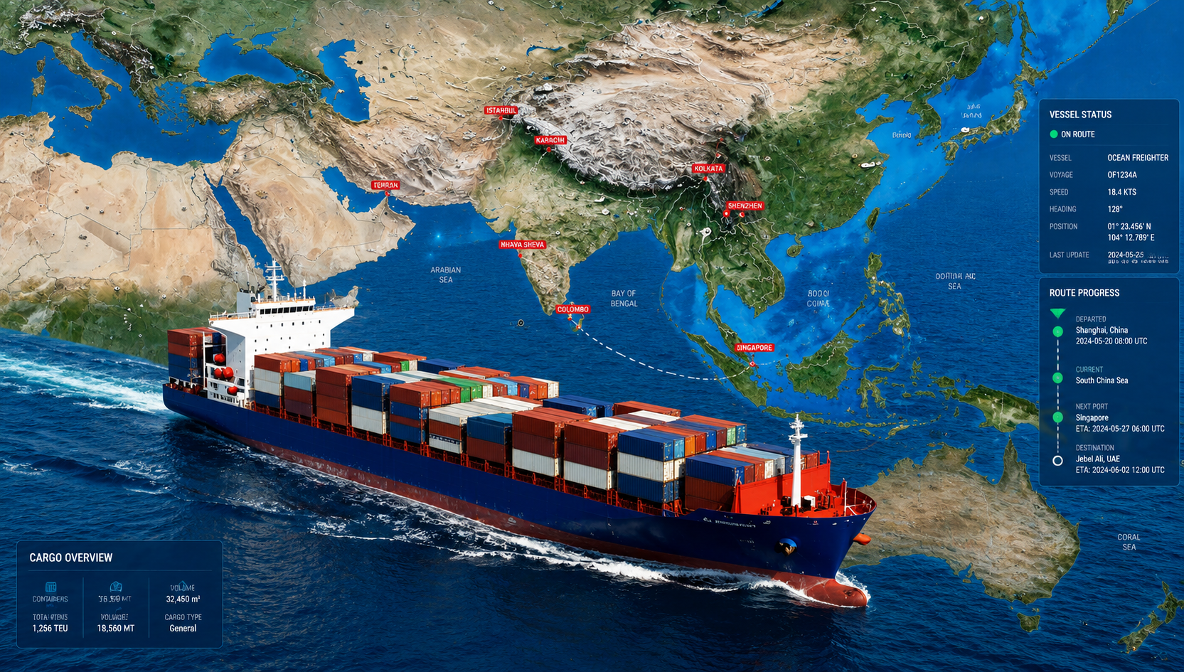 Container ship with global Asia and Middle East routes overlay showing Red Sea shipping disruption