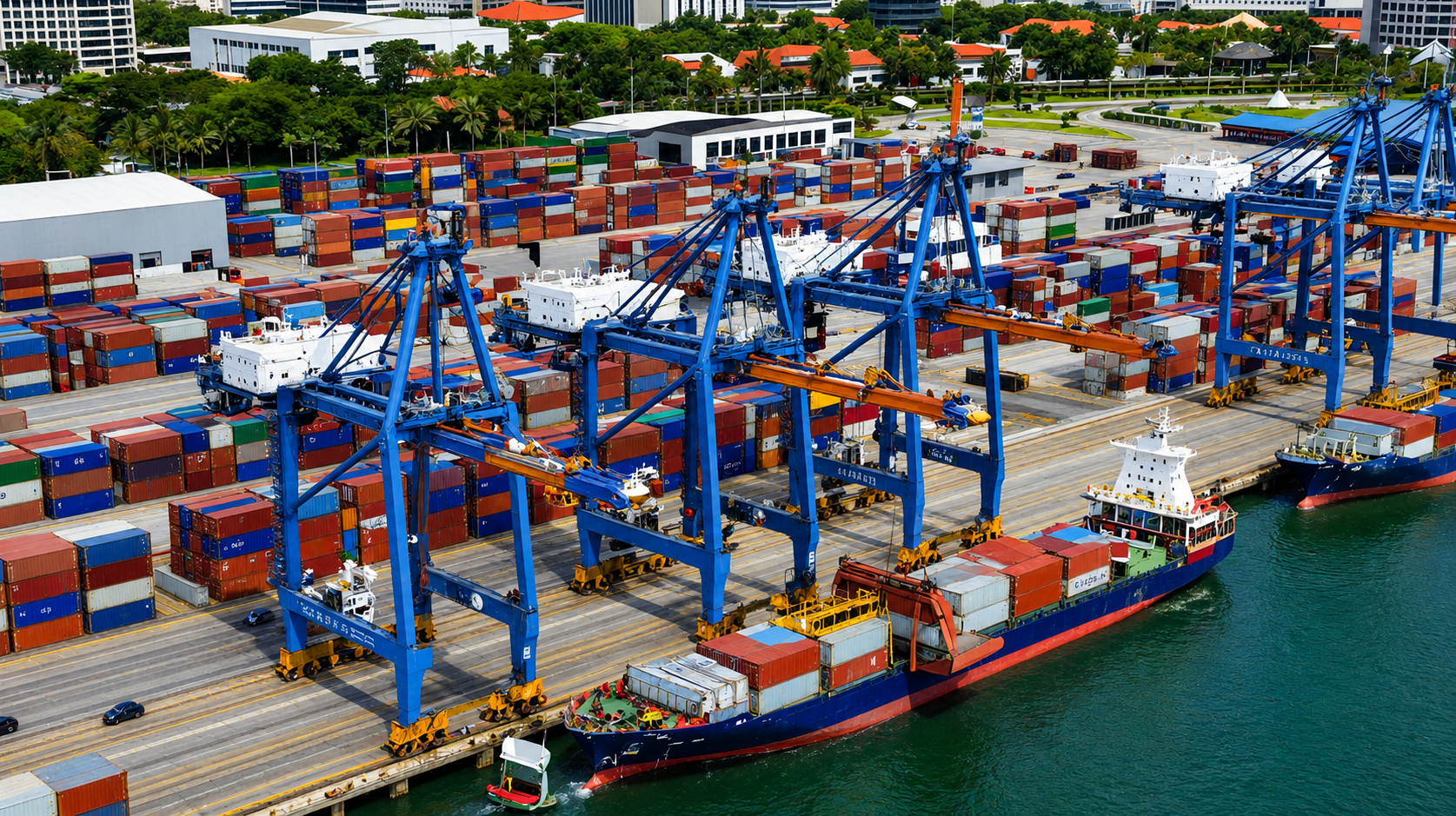 Singapore container port with cranes loading vessels — emergency surcharges and rising freight costs from Red Sea disruption