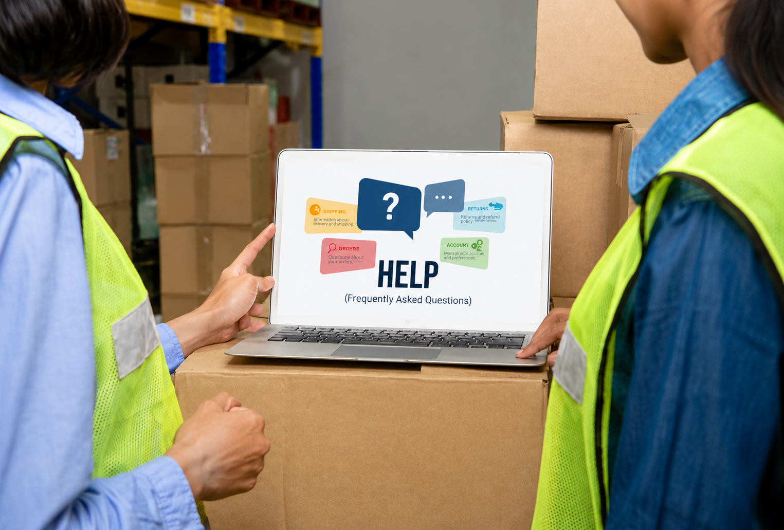 Logistics workers reviewing frequently asked questions about shipping incoterms