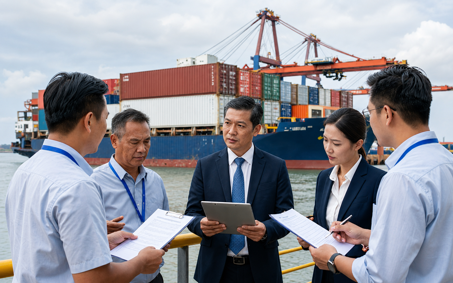 Business team discussing DAP vs DDP shipping at Singapore port