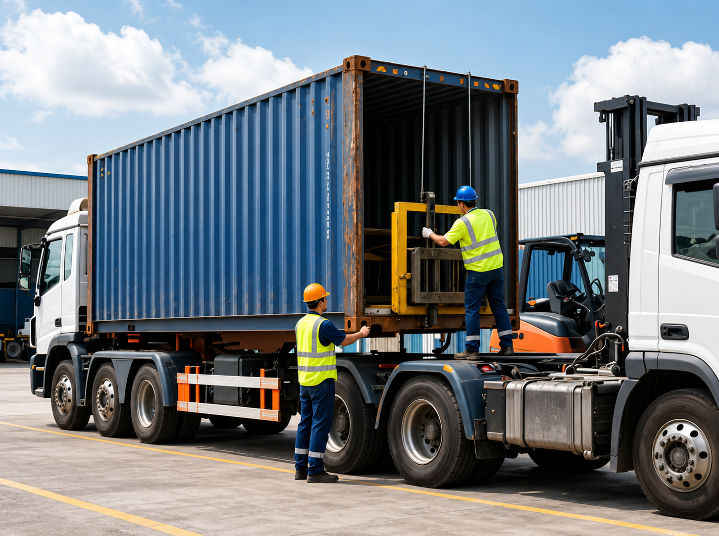 Container truck haulage in Singapore — workers loading a shipping container onto a prime mover with a forklift