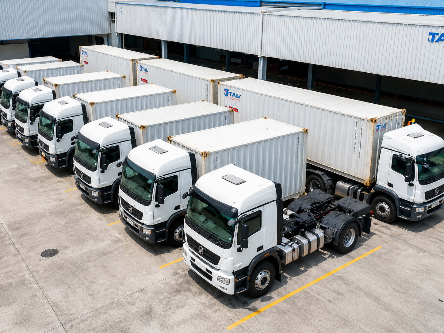 Fleet of Penanshin container trucks parked at a logistics depot in Singapore